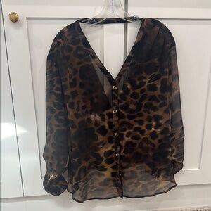Alberto Malaki Leopard Print Sheer Blouse  size L
